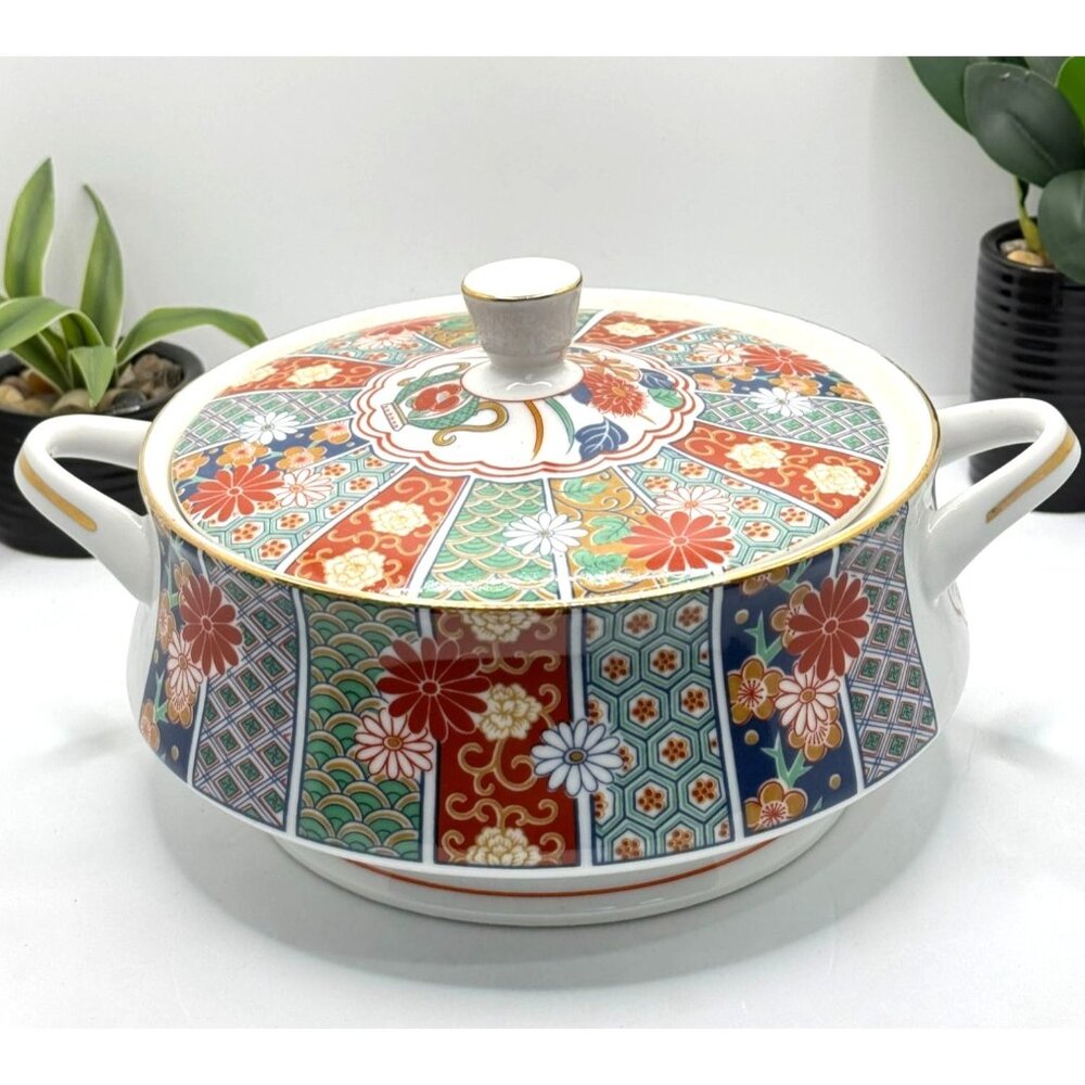 Vintage Japanese Arita Imari Porcelain Tureen With Lid & Handles
